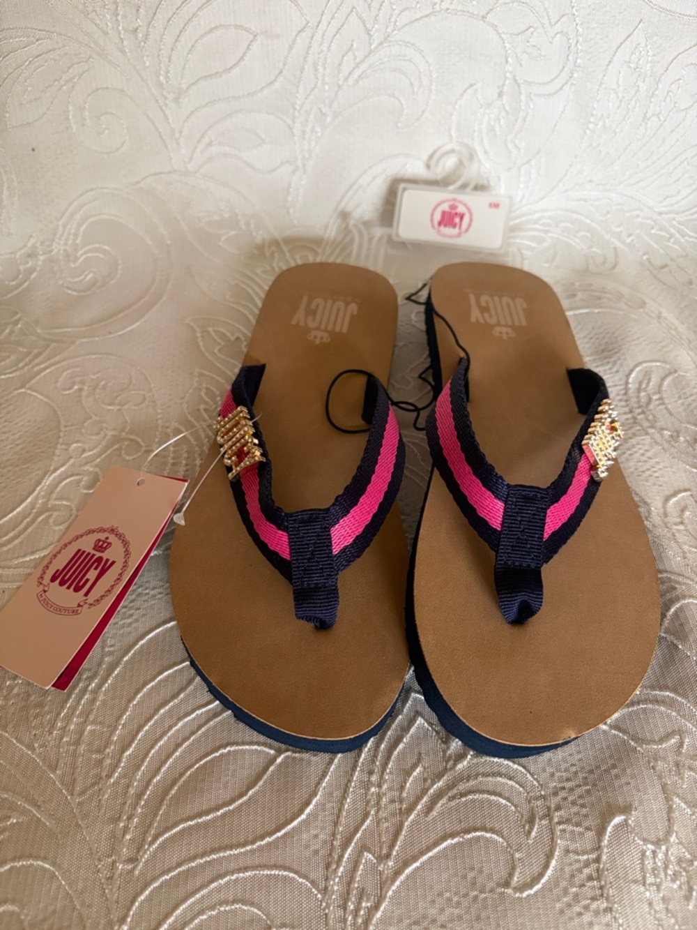 Juicy Couture Navy & Hot Pink Beaded Thong Sandals